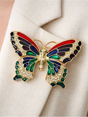 Large Gold Butterfly Brooch Multi Color Rhinestone Enamel Statement Pin